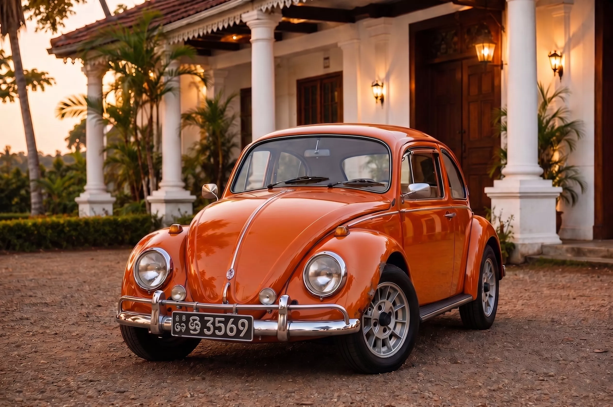 Sunset orange 1960s Volkswagen Beetle vintage rental in Weligama, Sri Lanka